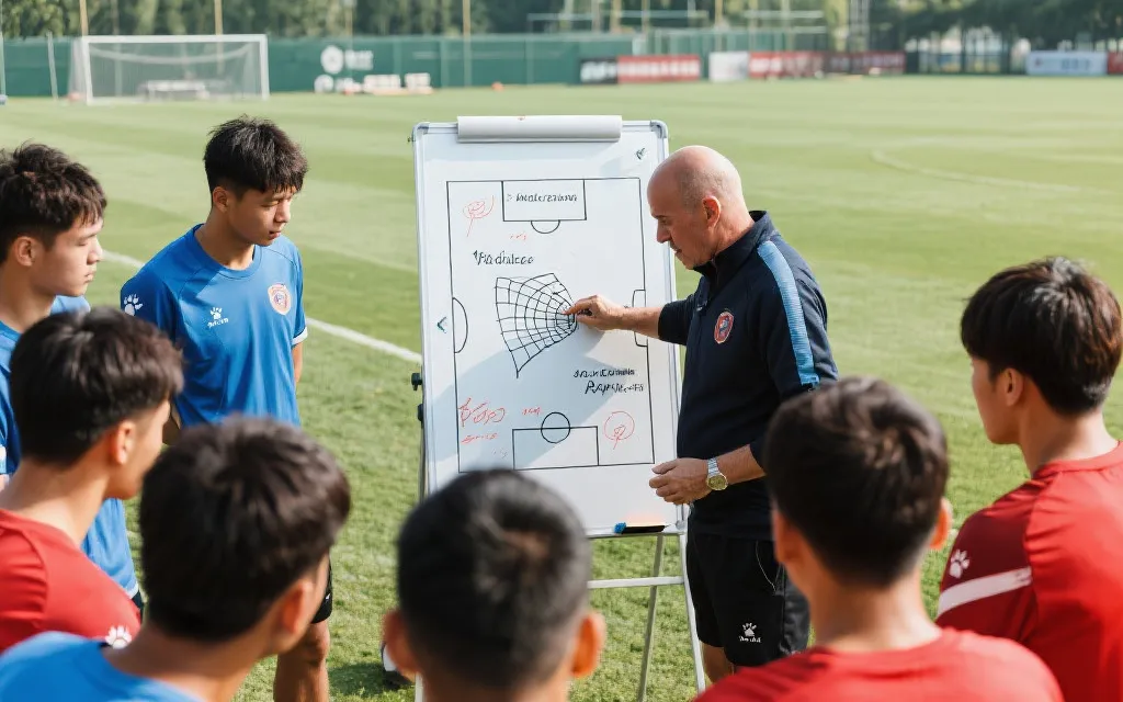 教练在白板上绘制快速反击跑位与反压迫网的示意