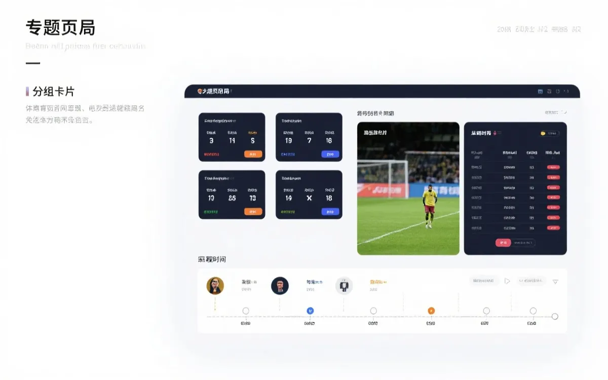 网页赛程专题布局示意：分组卡片、积分榜与比赛时间轴