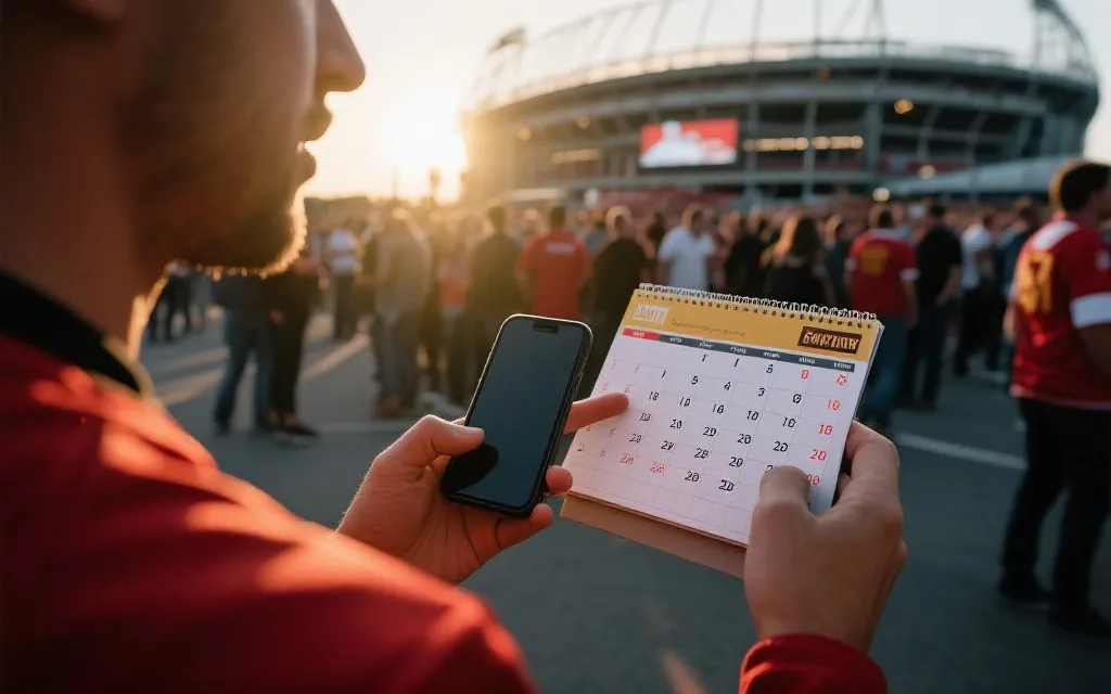 球迷在赛场外查看购票时间表与日历的场景