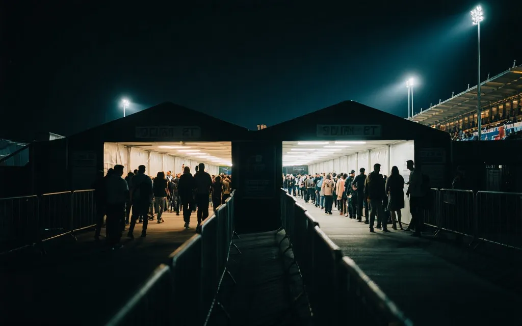 夜间球场外的入场动线与灯光氛围，展示不同通道与人流密度的对比感